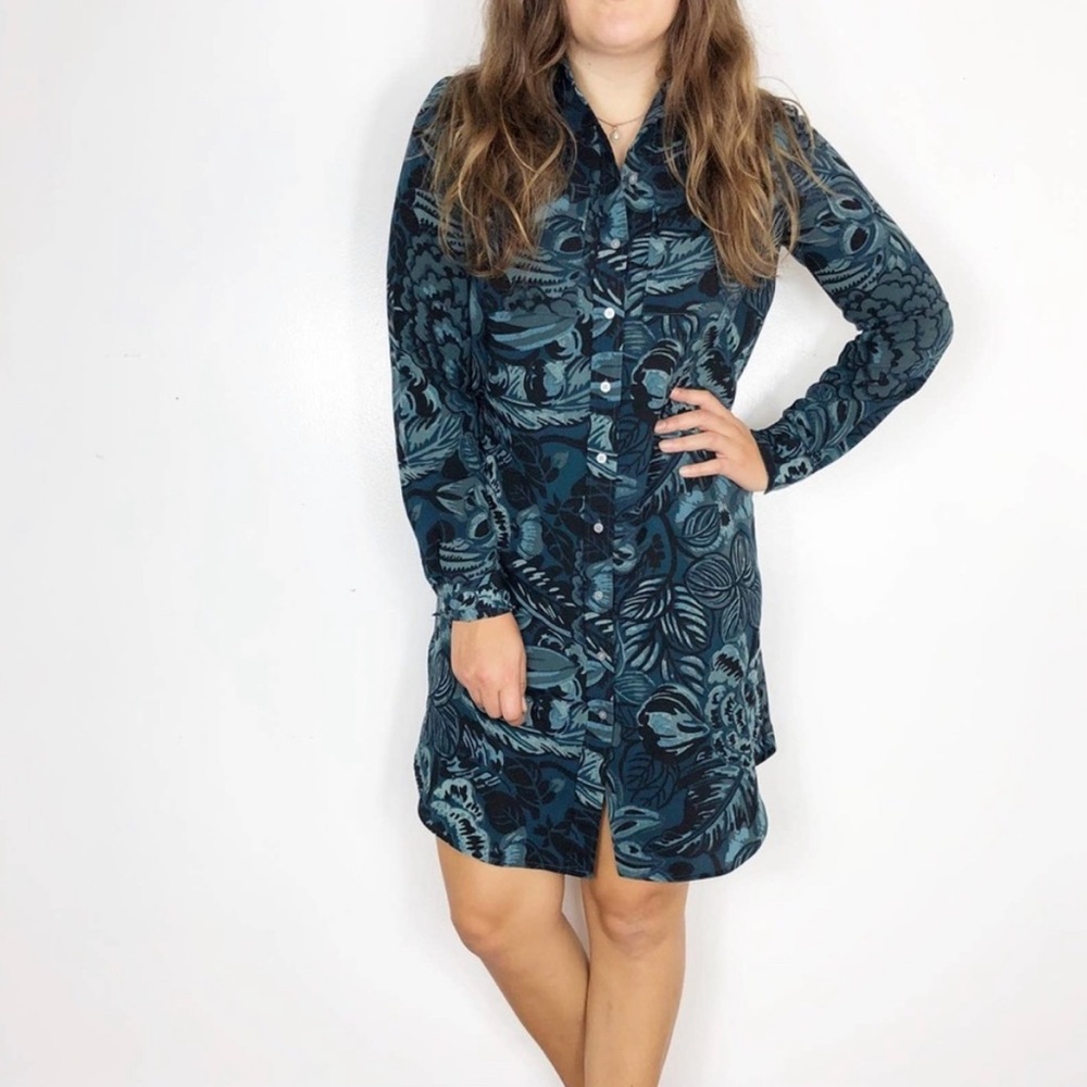Loft Teal Floral Button Up Shirt Dress